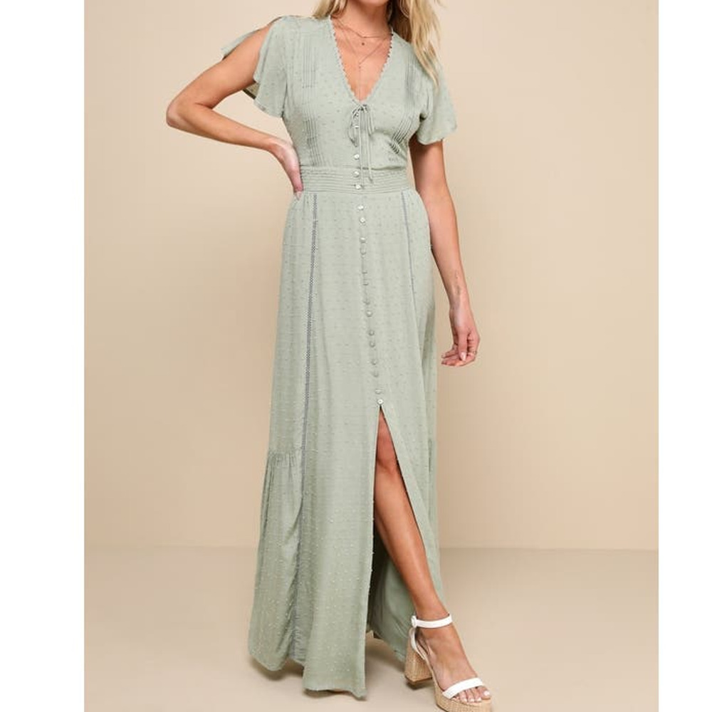 Lulu's Sage Green Maxi Dress with Button Front